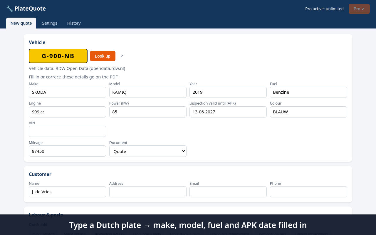 PlateQuote screenshot